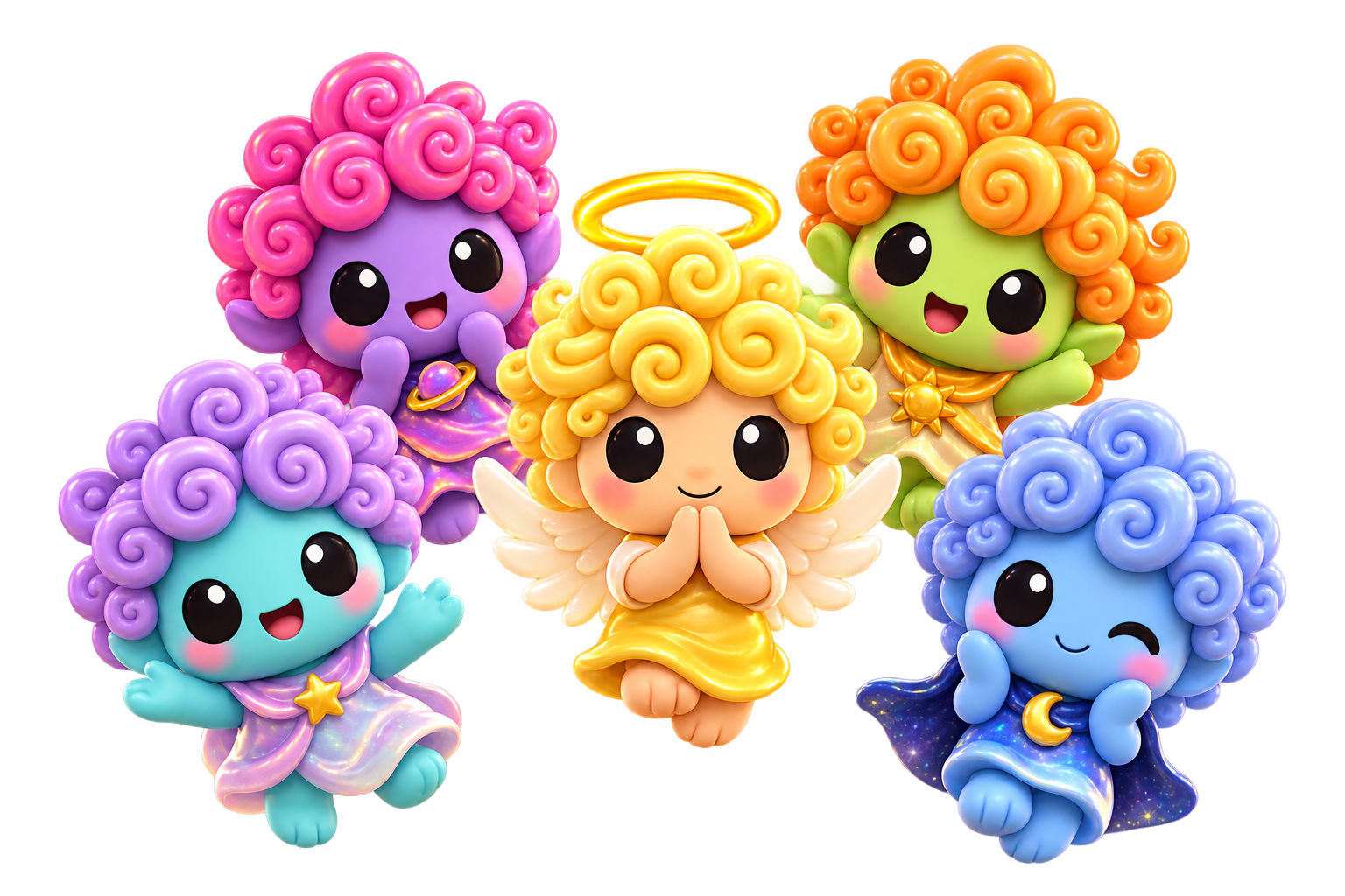 Five cheerful Curlo aliens with colorful spiral curls, gathered around golden-haired Angel