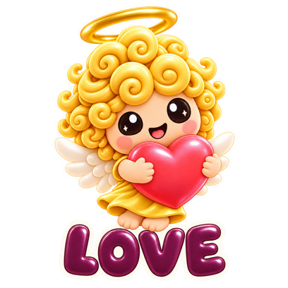 Curlo Angel hugging a bright red heart
